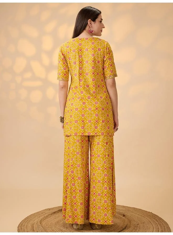 globus Mustard Globus Women Mustard Embroidered & Mirror Work Yoke Ethnic Print Kurti With Palazzos Festive Co-Ord Set for Women | Best Price UAE